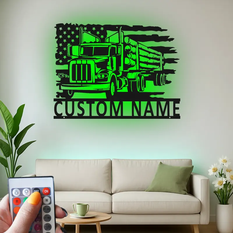 Décoration métal camion de grumes personnalisée | Plaque prénom camionneur avec LED | Décor man cave drapeau américain | Cadeau patriotique