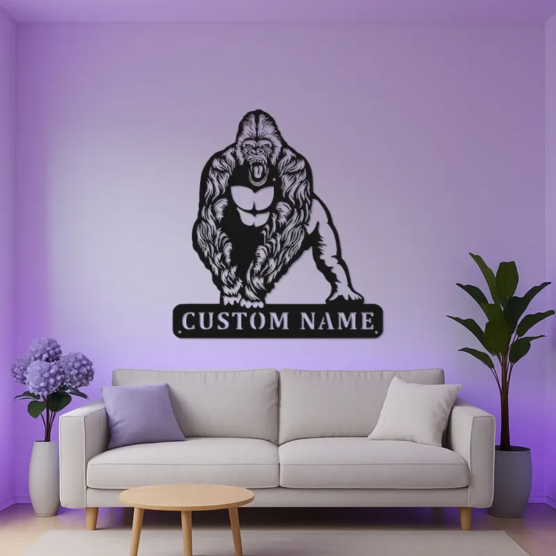 Décoration murale en métal gorille sur mesure | Panneau LED faune pour salle de sport ou man cave | Plaque nominative personnalisée