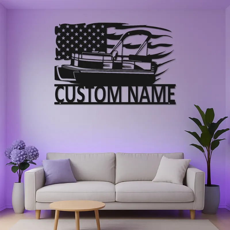 Plaque en métal personnalisée pour bateau ponton | Décoration murale avec drapeau américain LED | Décor de maison au bord du lac personnalisé | Cadeau nautique