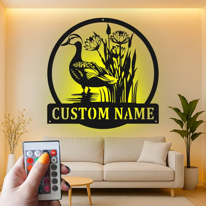 Insegna in metallo LED personalizzata con anatra e canne - Regalo natura, decorazione giardino o patio