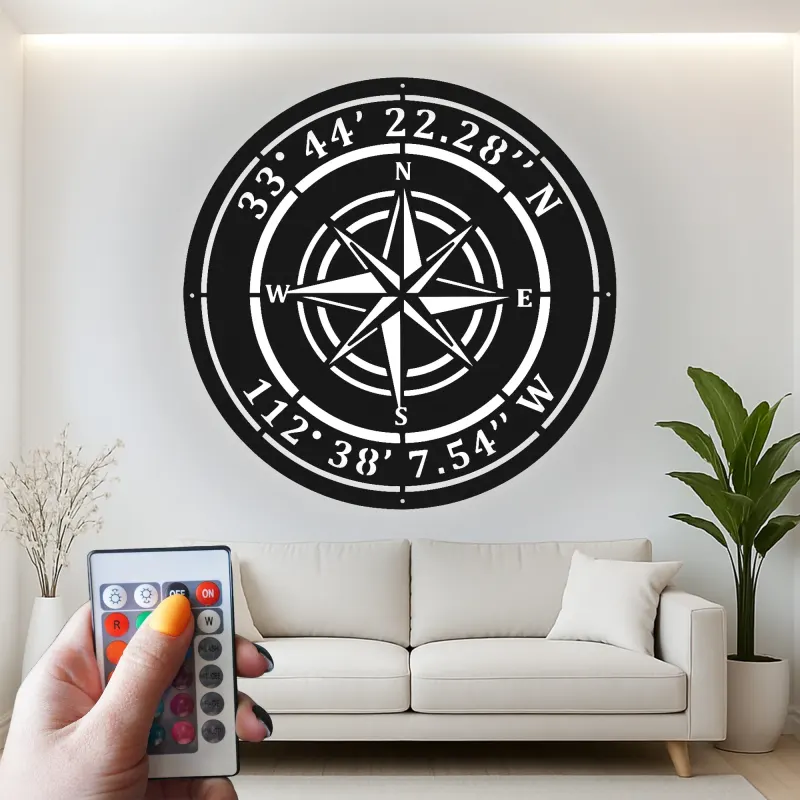 Cartel de metal LED personalizado de rosa de los vientos Regalo náutico para viajeros Decoración de sala de estar u oficina