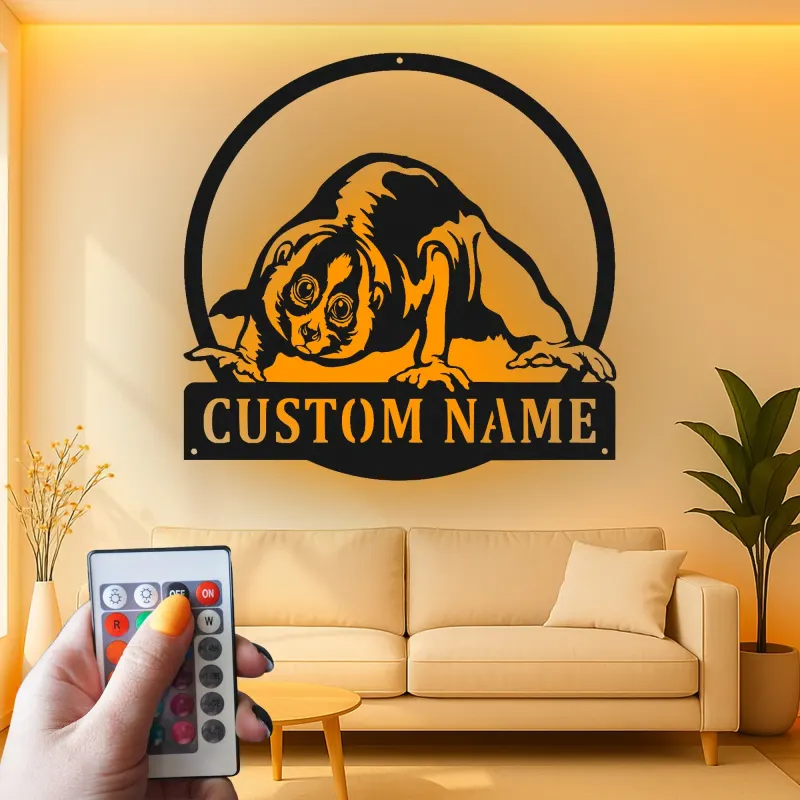 Insegna con Nome Personalizzato di Loris Lento | Arte Murale LED in Metallo | Decorazione per Nursery di Animali Selvatici | Regalo Esotico per Stanza dei Bambini