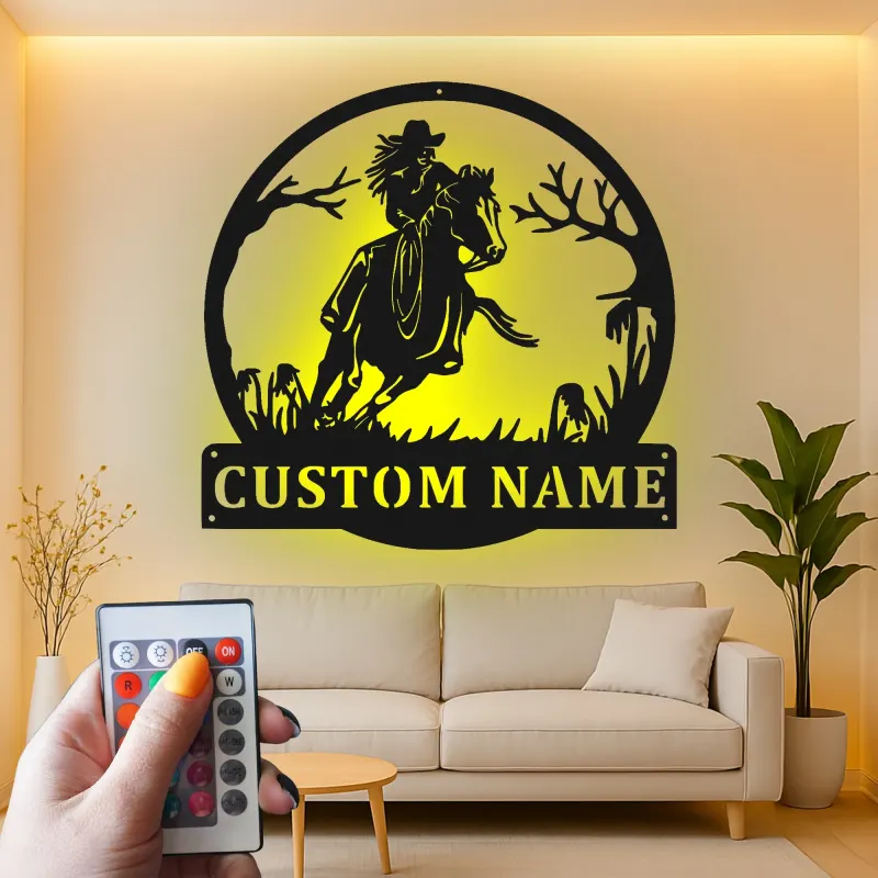 Insegna LED personalizzata Cowgirl | Arte murale in metallo equestri personalizzata | Decorazione western moderna | Regalo illuminato per cavalieri