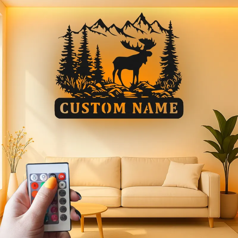 Cartel LED de alce macho | Arte mural rústico de cabaña | Decoración personalizada de bosque de montaña | Regalo para amante de la vida salvaje