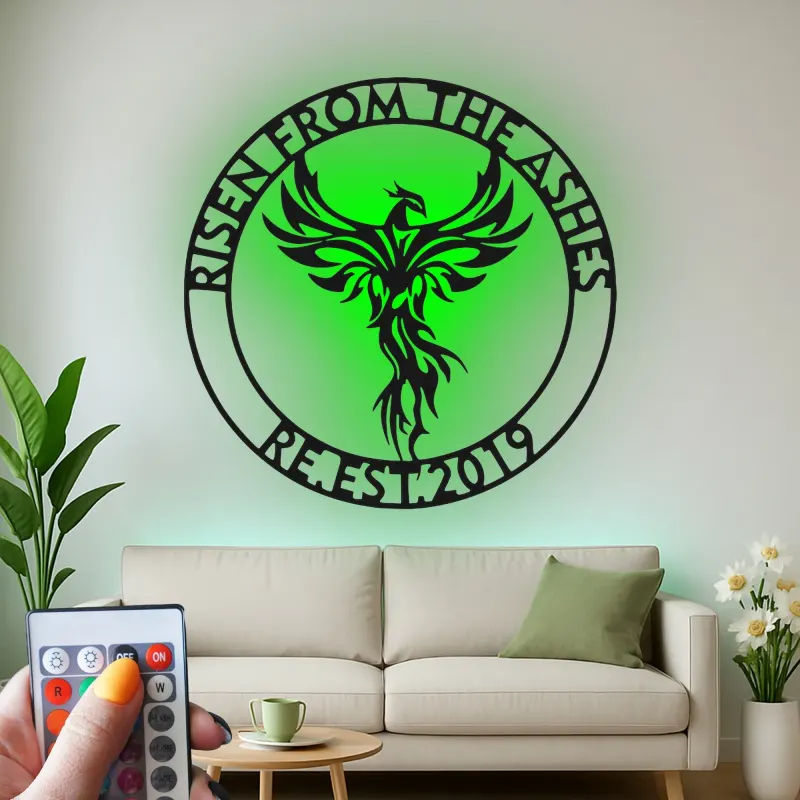 Panneau Métallique LED Phoenix Éveillé | Décoration Murale Personnalisée pour Logo d'Entreprise | Décor Inspirant pour Bureau et Studio