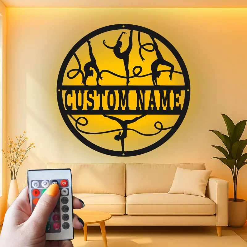 Insegna nome ginnasta personalizzata | Arte murale in metallo con LED | Arredo palestra su misura per cameretta | Idea regalo per atleta