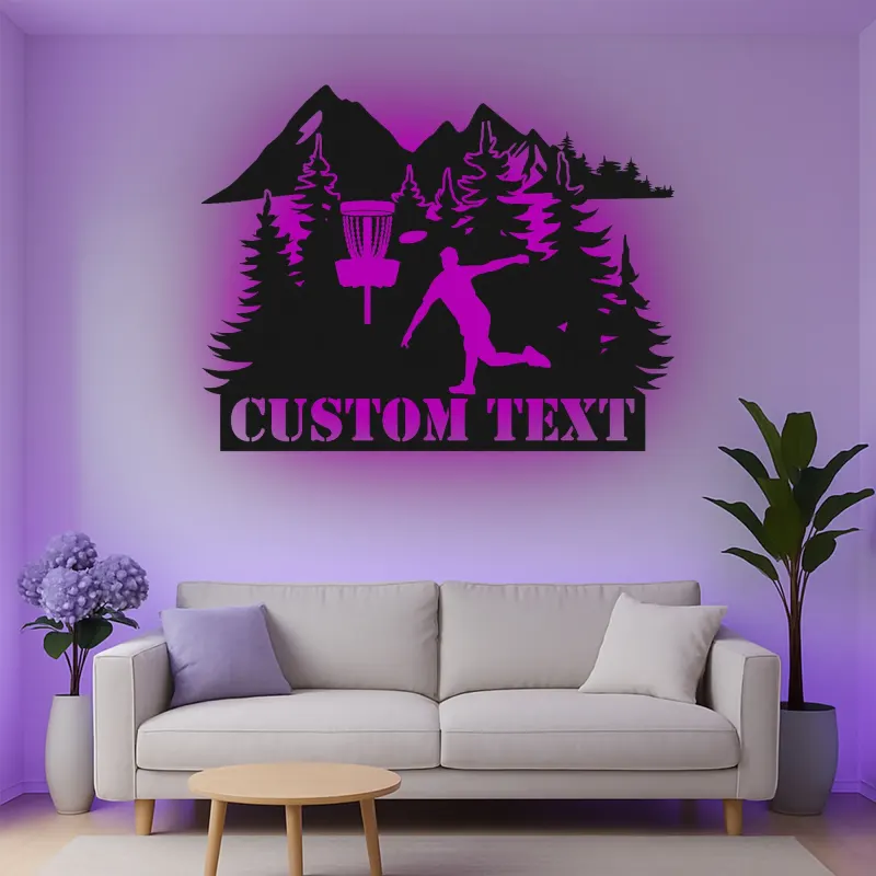 Cartel de metal personalizado con jugador de golf de disco, regalo iluminado LED