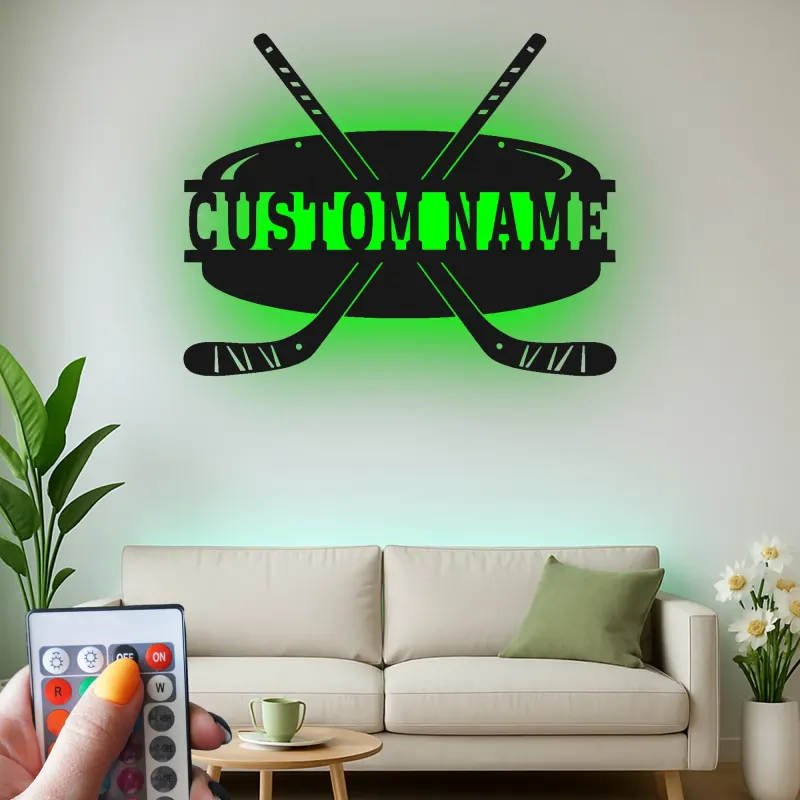 Insegna con Nome Personalizzato per Hockey con Luci LED | Insegna in Metallo Personalizzata | Regalo per Giocatori di Hockey per Stanza da Gioco e Decorazione per Camera da Letto