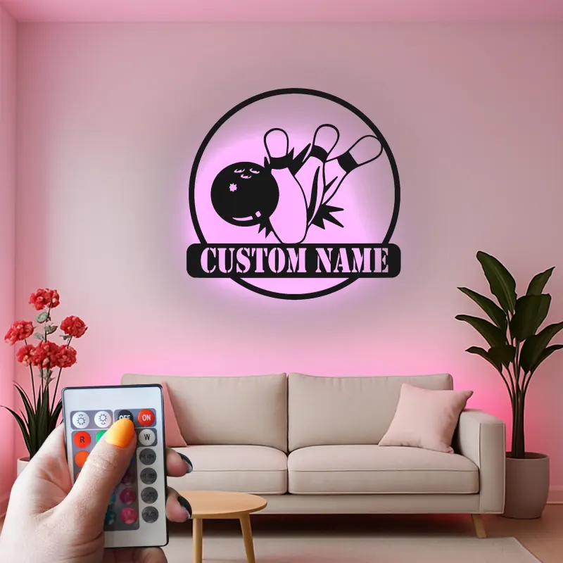Insegna in metallo LED personalizzata con birilli da bowling - Regalo per appassionati di bowling e decorazione per sala giochi