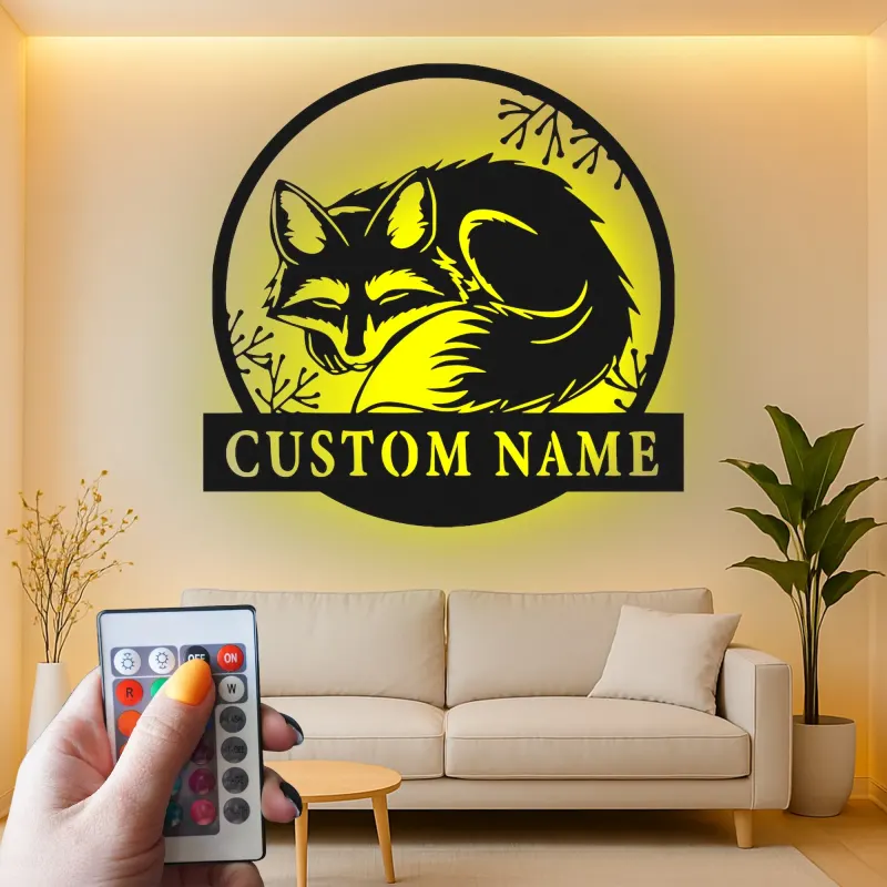 Insegna in metallo LED personalizzata con volpe | Decorazione boschiva su misura per cameretta e baita | Regalo per amanti degli animali