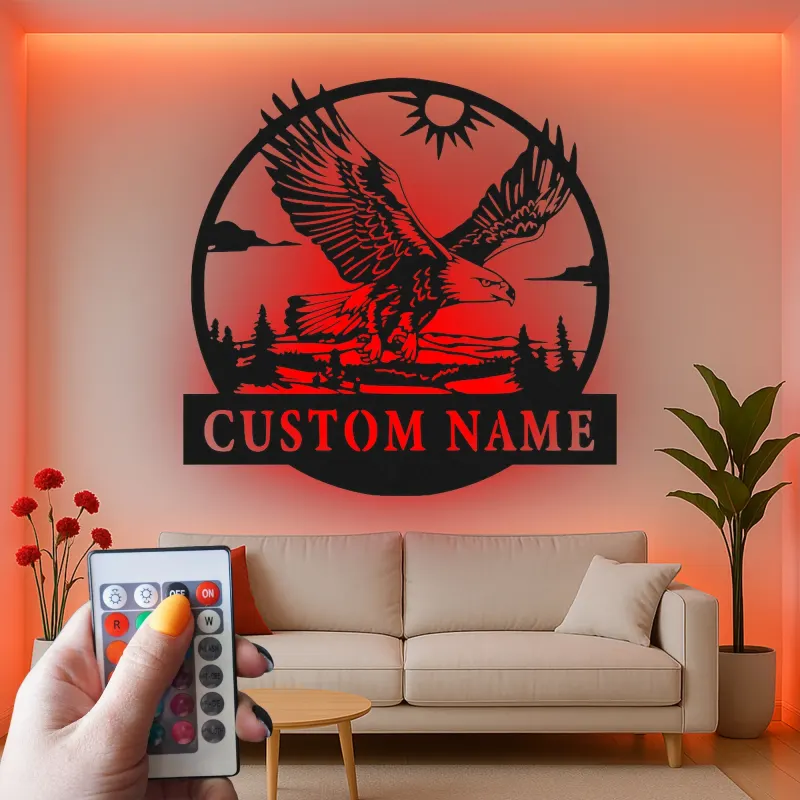 Décoration murale en métal LED personnalisée avec aigle - Cadeau pour les amoureux de la nature, décoration rustique pour le salon