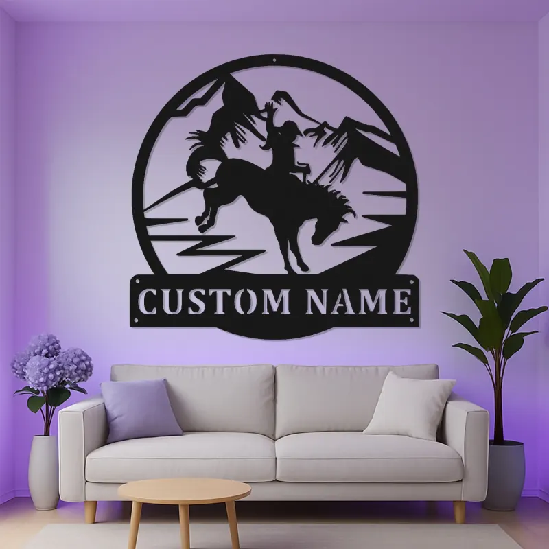 Arte murale in metallo Rodeo Cowboy | Insegna personalizzata con LED | Decorazioni rustiche western per ranch e casa