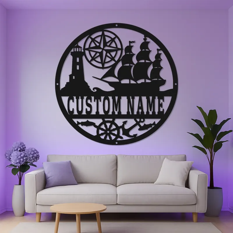 Personalisierte Nautische LED-Wandkunst | Individuelles Schiffs- und Kompass-Metallschild | Vintage Küstendekor für Zuhause oder Büro
