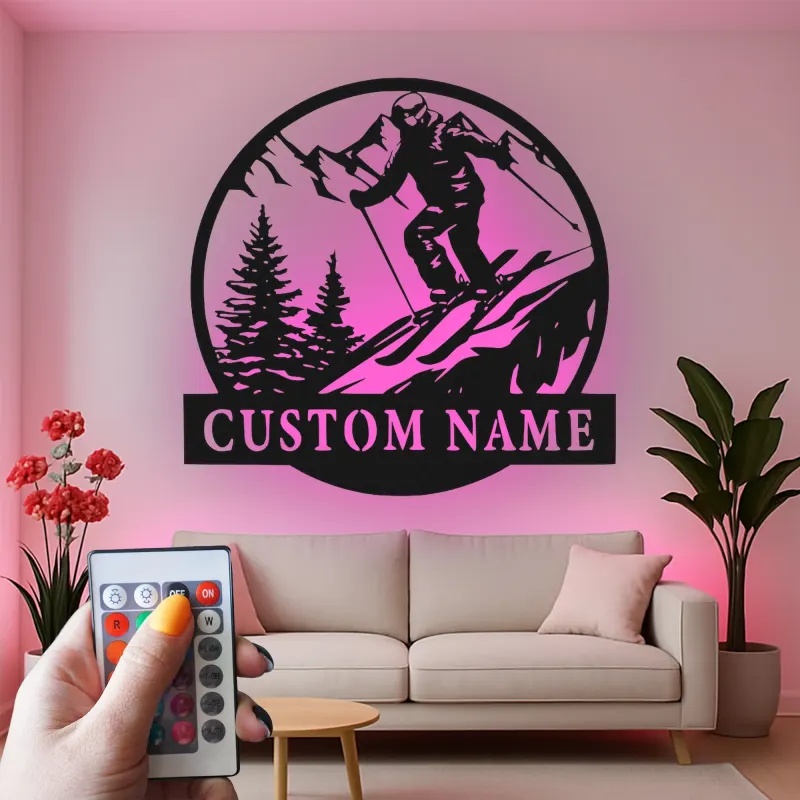 Custom Skiing Led Light Metal Wall Art Personalized Gift for Skiers Mountain Lodge Decor