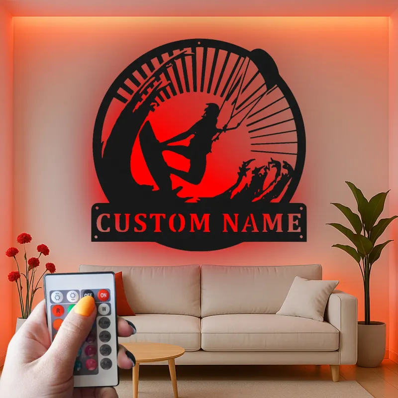 Insegna LED Personalizzata per Kiteboarding | Arte in Metallo per Kitesurfer | Regalo per Fan degli Sport Acquatici | Decorazione per Casa al Mare e Man Cave