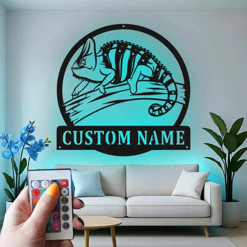 Cartel de metal LED personalizado de camaleón, regalo único para entusiastas de los reptiles, decoración de dormitorio o salón
