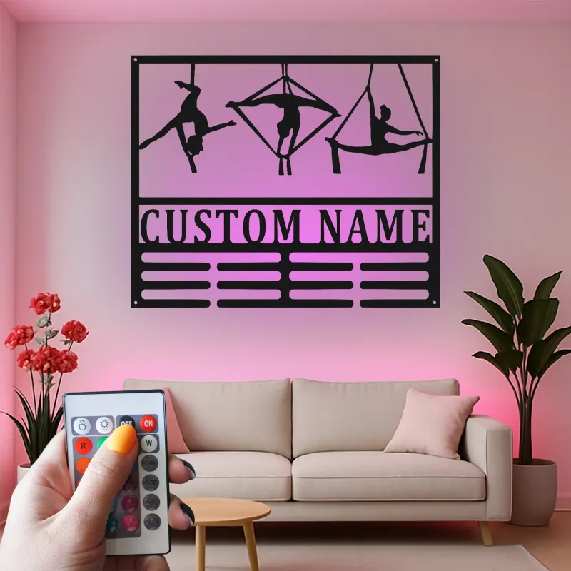 Insegna in metallo personalizzata con silhouette aerea e luce LED - Regalo per ginnasti, decorazione per studio o casa