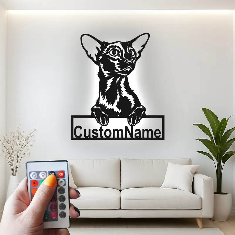 Custom Oriental Shorthair Cat Led Light Metal Wall Art Personalized Cat Lover Gift Bedroom Pet Decor