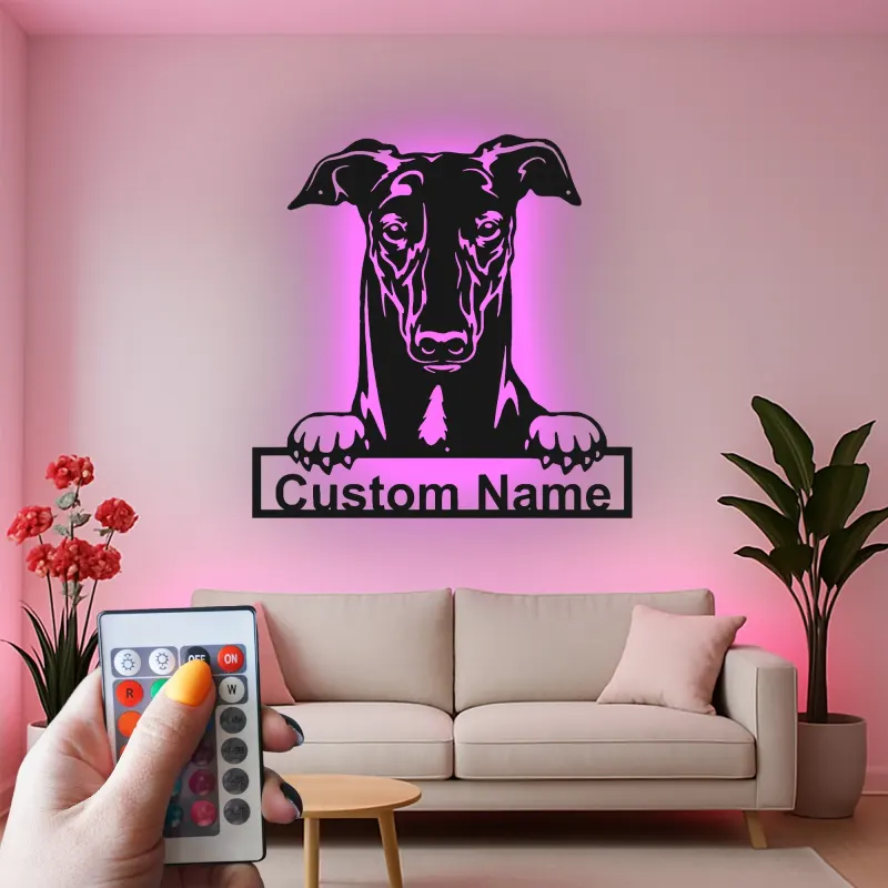 Insegna in metallo LED personalizzata per amanti dei cani con Greyhound - Regalo per la sala da pranzo