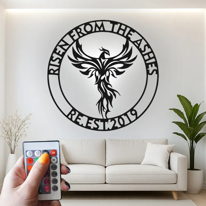 Panneau Métallique LED Phoenix Éveillé | Décoration Murale Personnalisée pour Logo d'Entreprise | Décor Inspirant pour Bureau et Studio