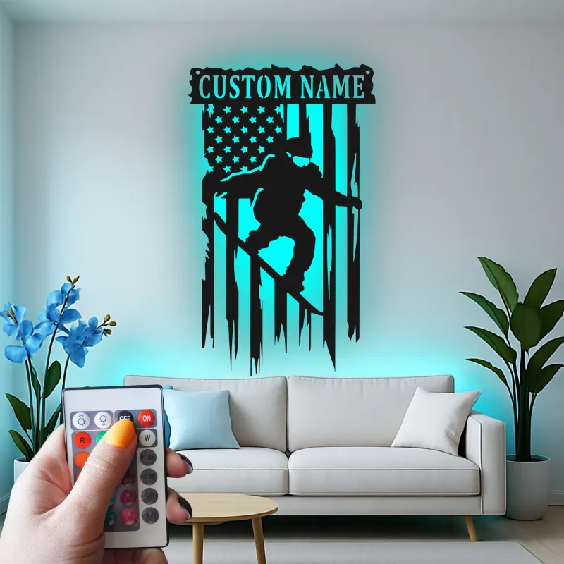 Insegna con nome personalizzata per snowboarder | Arte murale in metallo LED | Decorazione snowboard con bandiera americana | Regalo per camera di adolescente