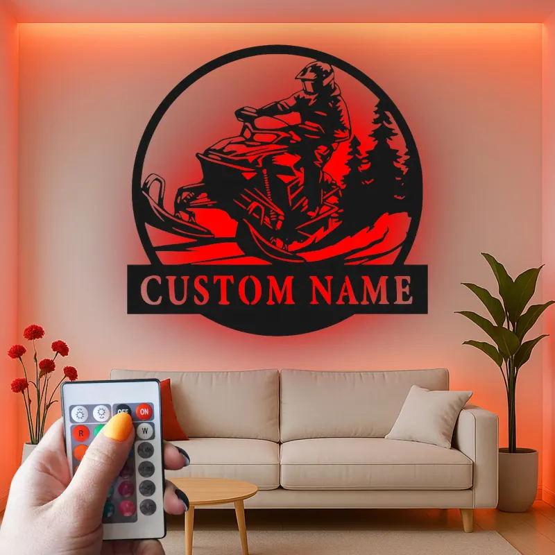 Personalized Snowmobile LED Metal Wall Art | Custom Name Sign for Rider | Winter Sports Decor & Outdoor Enthusiast Gift