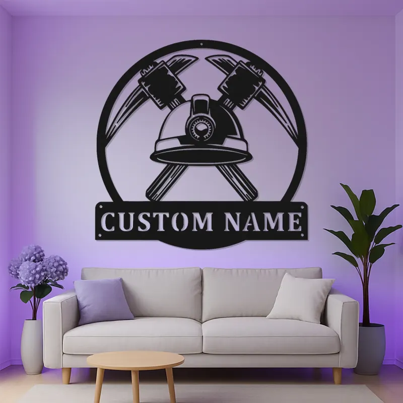 Insegna LED personalizzata per minatore di carbone | Decorazione murale in metallo personalizzata | Picconi incrociati | Regalo industriale per man cave