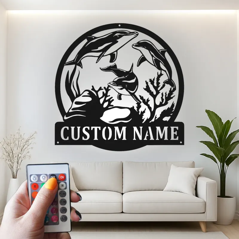 Custom Dolphin Led Light Metal Wall Art Personalized Ocean Lover Gift Nautical Decor for Beach House