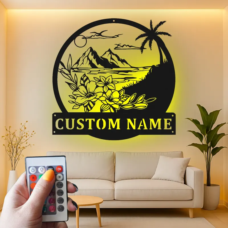 Décoration murale en métal personnalisée avec rétroéclairage LED Paysage Tropical - Cadeau pour Maison de Plage - Décor de Salon Côtier