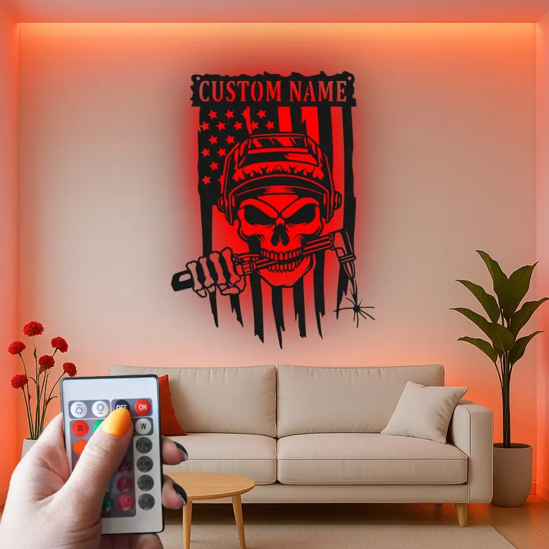 Décoration murale en métal personnalisée Crâne de soudeur avec rétroéclairage LED Cadeau unique pour les soudeurs Décor de garage ou d'atelier