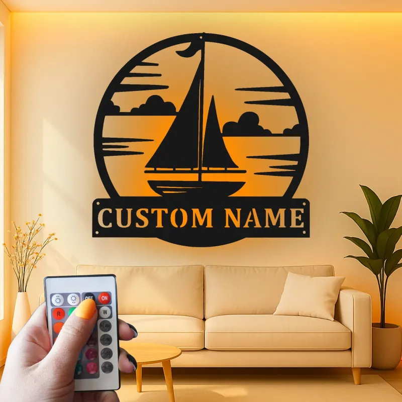 Insegna in metallo personalizzata per veliero | Arte murale LED personalizzata | Targa nautica per casa al lago e decorazioni costiere
