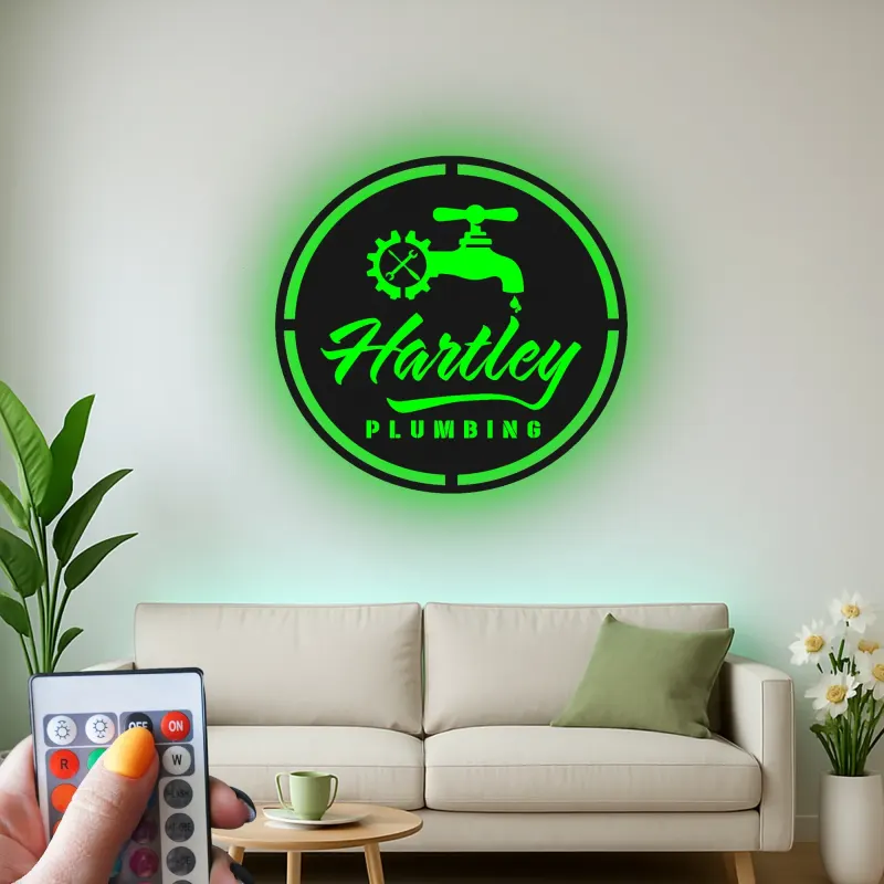 Insegna Logo Idraulico Personalizzata | Arte in Metallo LED per Laboratorio | Decorazione Industriale con Rubinetto e Ingranaggio | Regalo Personalizzato per Man Cave