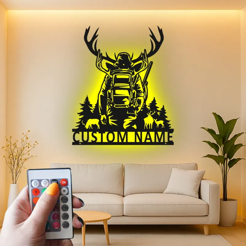 Custom Deer Hunter Metal Sign | LED Light Wall Art | Personalized Cabin Decor | Gift for Outdoorsman | Hunting Man Cave Sign