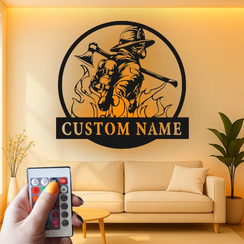 Cartel LED de Bombero Personalizado | Arte Mural de Metal Personalizado | Decoración de Estación de Bomberos y Regalo de Héroe | Lazer Dizayn Co