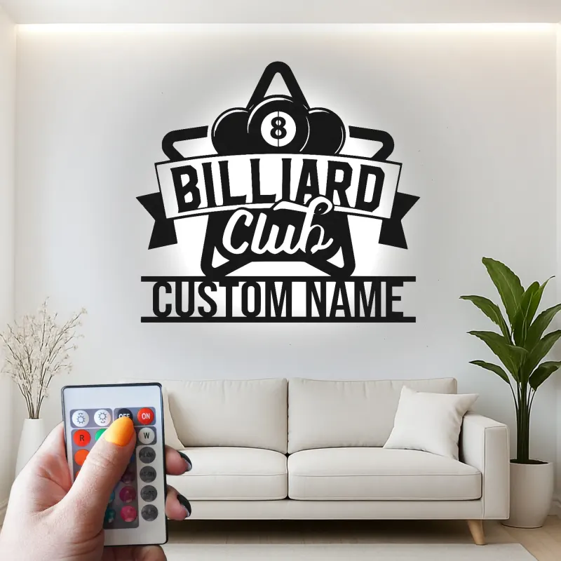 Custom Billiard Club Led Light Metal Wall Art Personalized Gift for Pool Players Game Room Decor
