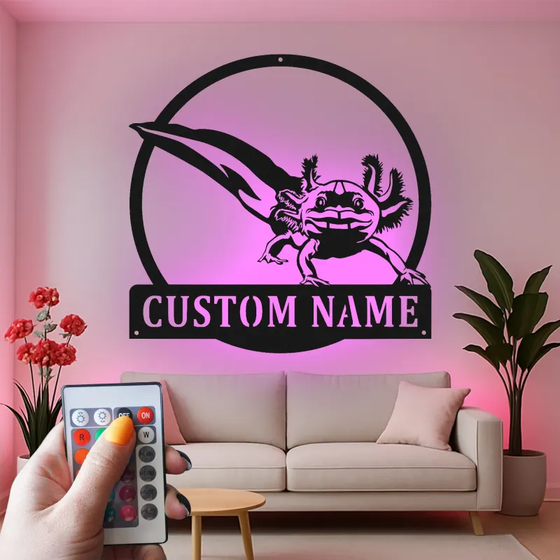 Insegna in metallo personalizzata con Axolotl e luce LED regalo unico per amanti degli anfibi decorazione per camera da letto o ufficio
