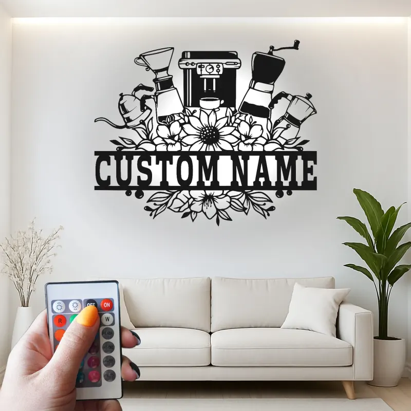 Insegna in metallo personalizzata con luce LED per macchina da caffè, regalo per amanti del caffè, decorazione per cucina e caffè