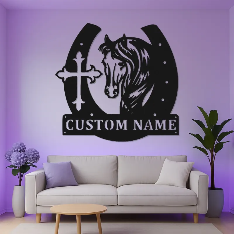 Letrero personalizado de caballo y herradura | Decoración mural LED de metal | Decoración ecuestre a medida para casa de campo | Regalo cristiano para amantes de los caballos