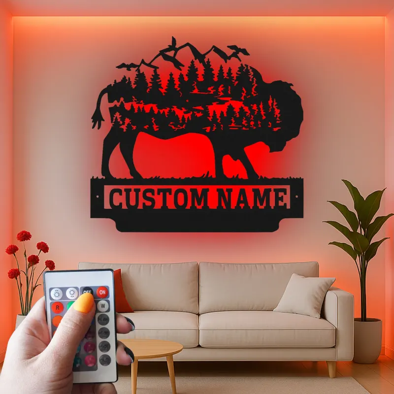 Insegna in metallo LED personalizzata con bufalo e wilderness - Regalo per amanti della natura, decorazione per cabin rustica