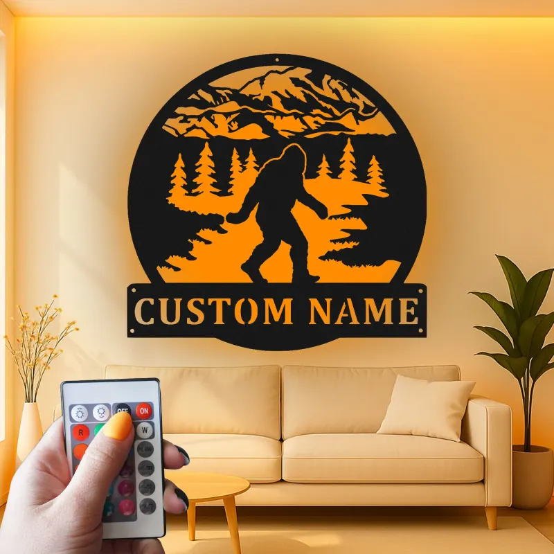 Custom Bigfoot Forest Led Light Metal Wall Art Unique Gift for Outdoor Enthusiasts Cabin or Man Cave Decor