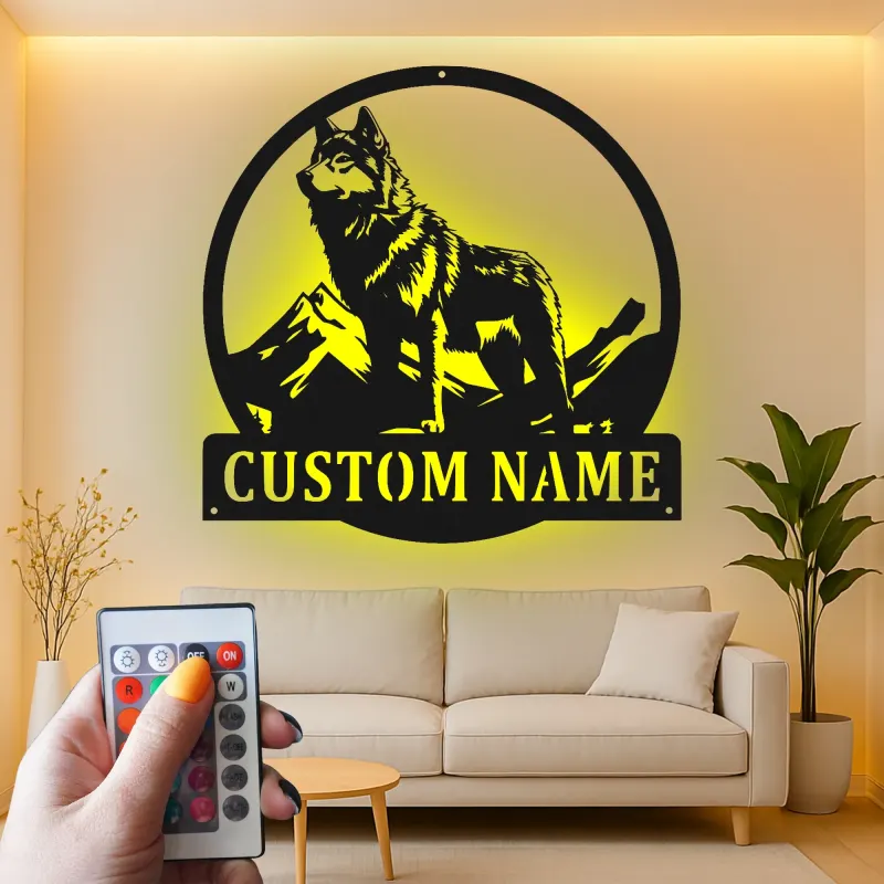 Personalisierte Wolf Berg LED Licht Metall-Wandkunst Geschenk für Naturliebhaber Rustikale Kabinendekoration
