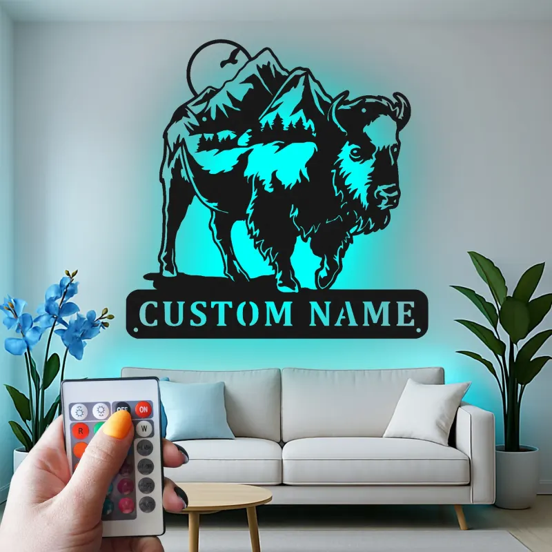 Custom Bison Mountain Led Light Metal Wall Art Personalized Rustic Gift for Nature Lovers Cabin or Lodge Decor