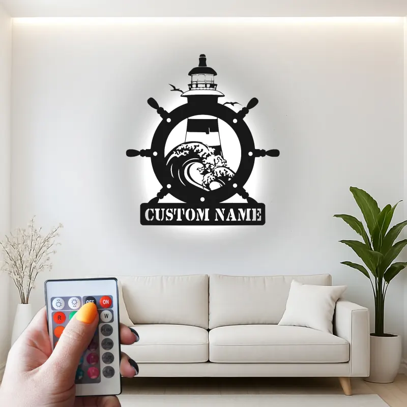 Cartel de metal de faro personalizado | Arte náutico LED personalizado | Decoración para casa de playa y salón