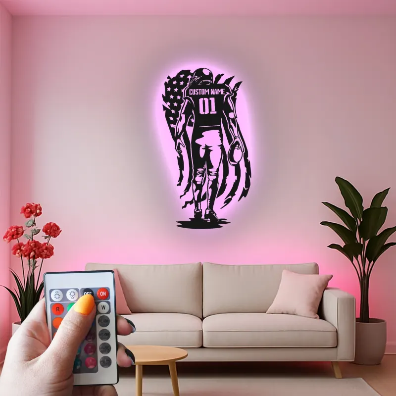 Cartel de Jugador de Fútbol Personalizado de Metal | Arte Mural LED para Habitación de Adolescentes | Nombre y Número Personalizados de Atleta | Decoración para Man Cave de Fanático del Deporte