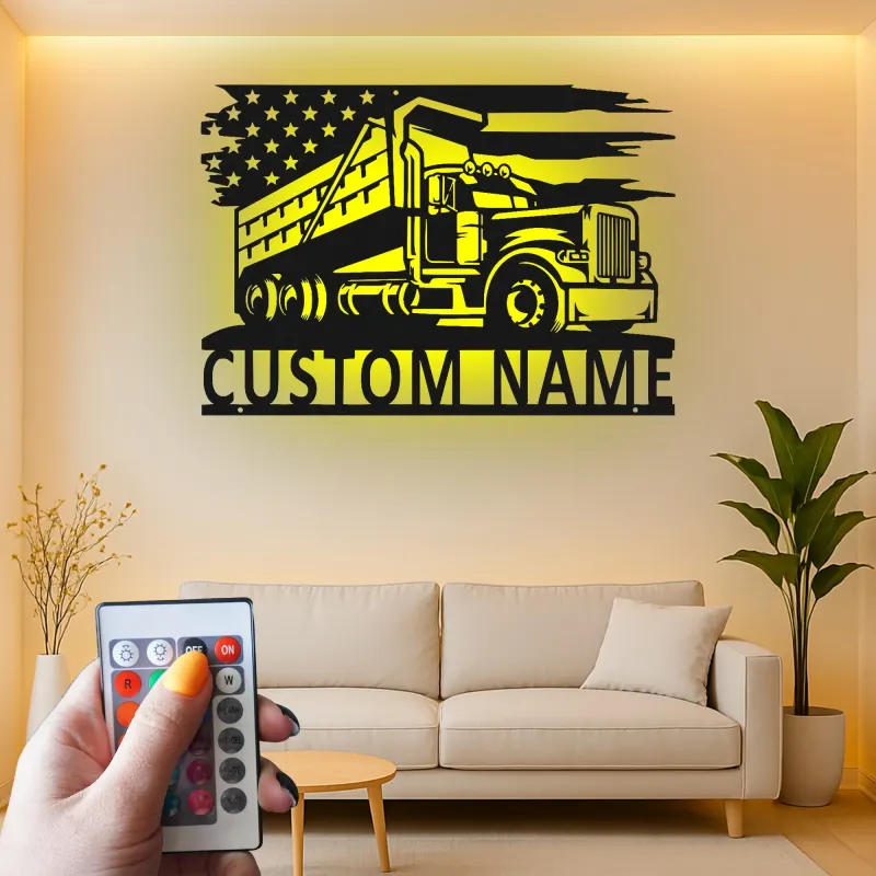 Décoration murale en métal LED personnalisée pour camion-benne - Cadeau pour passionnés de camions, décoration de garage ou de salle de jeux