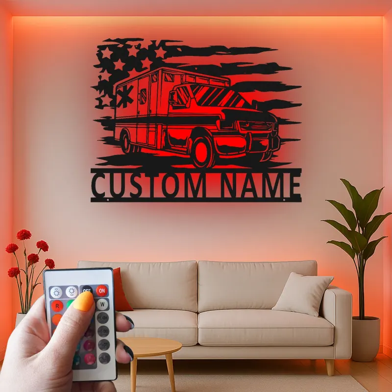 Décoration murale en métal personnalisée avec éclairage LED Ambulance - Cadeau personnalisé pour les EMTs et décoration de bureau des services d'urgence