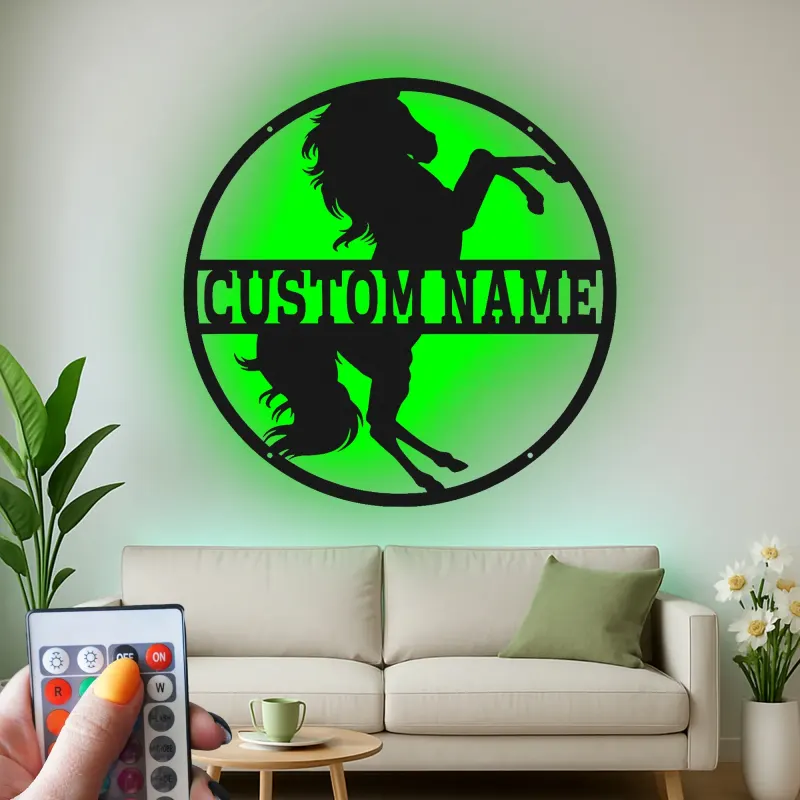Plaque cheval en métal personnalisée | Décoration murale LED sur mesure pour grange et écurie | Cadeau équestre