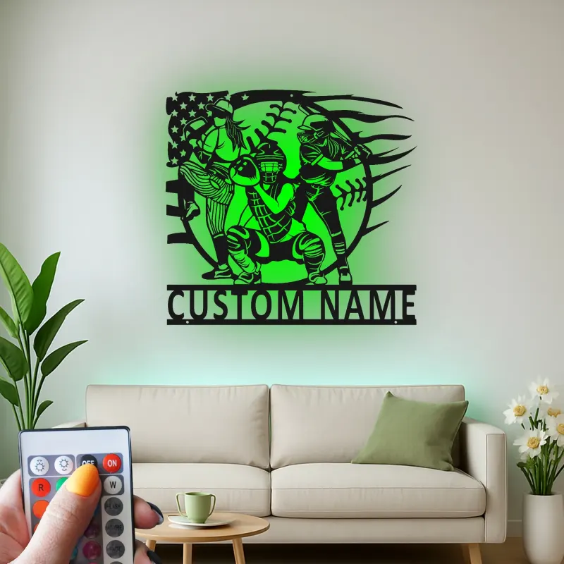 Insegna in Metallo per Giocatori di Softball Personalizzata | Arte da Parete LED con Nome Personalizzato | Regalo per Squadra di Softball | Decorazioni per Camera delle Ragazze & Ricevitore, Lanciatore, Battitore