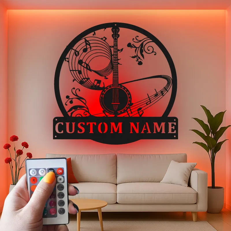 Cartel de metal LED de notas musicales de banjo personalizado, regalo para músicos, decoración para sala de música