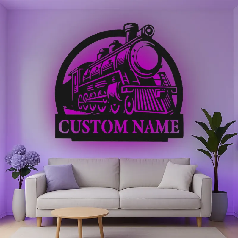 Insegna in metallo personalizzata con luce LED di locomotiva a vapore per appassionati di treni, regalo per man cave o decorazione per ufficio